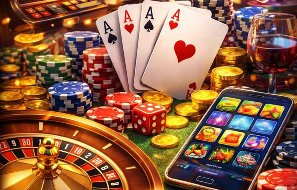 Thẻ bài, chip và điện thoại hiển thị kho game trực tuyến