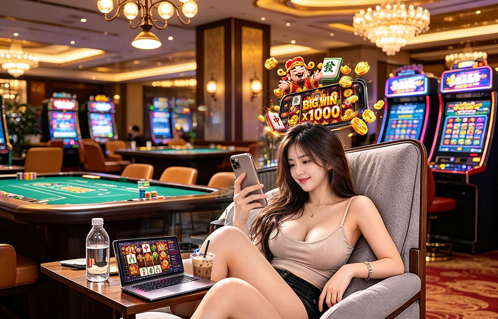 Người dùng mở trò chơi trên điện thoại trong sảnh hiện đại